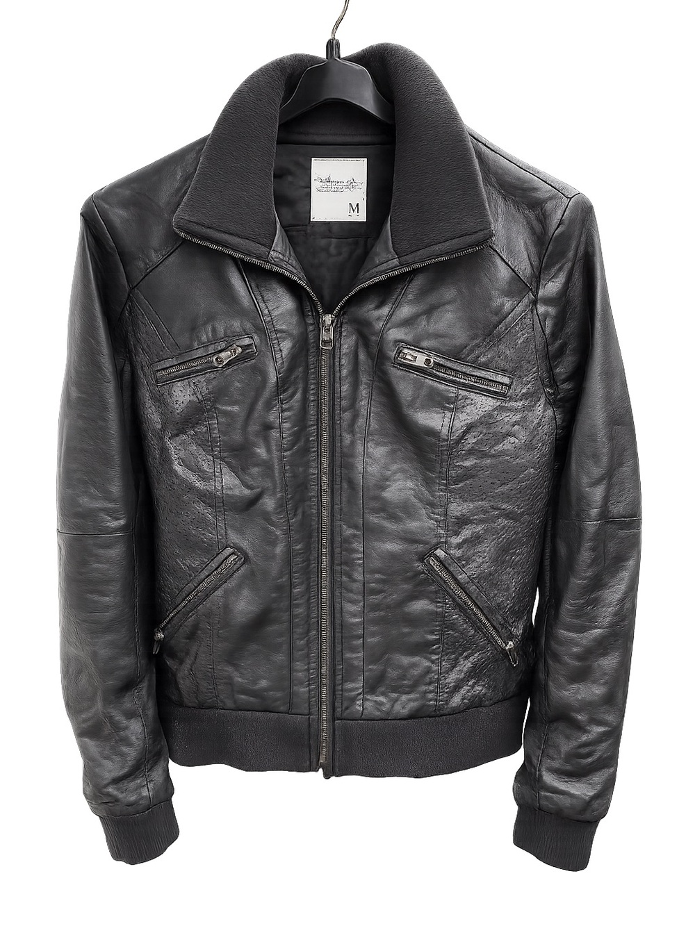American Rag Black Leather Bomber with Ribbed Trim